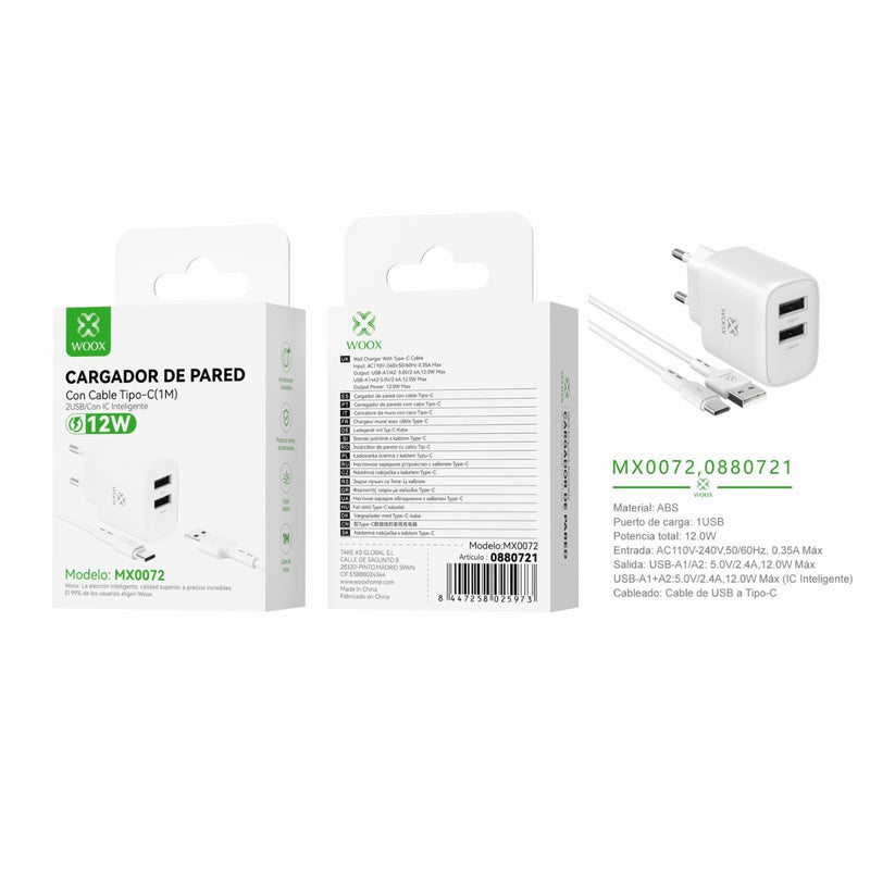 EU 5 V/2.4 A double USB wall charger with USB to type C cable (white) - MX0072 BL