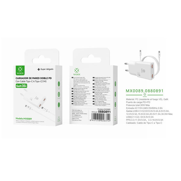 UE PD+PD GaN wall charger 30 W with CC cable (white) - MX0089 BL