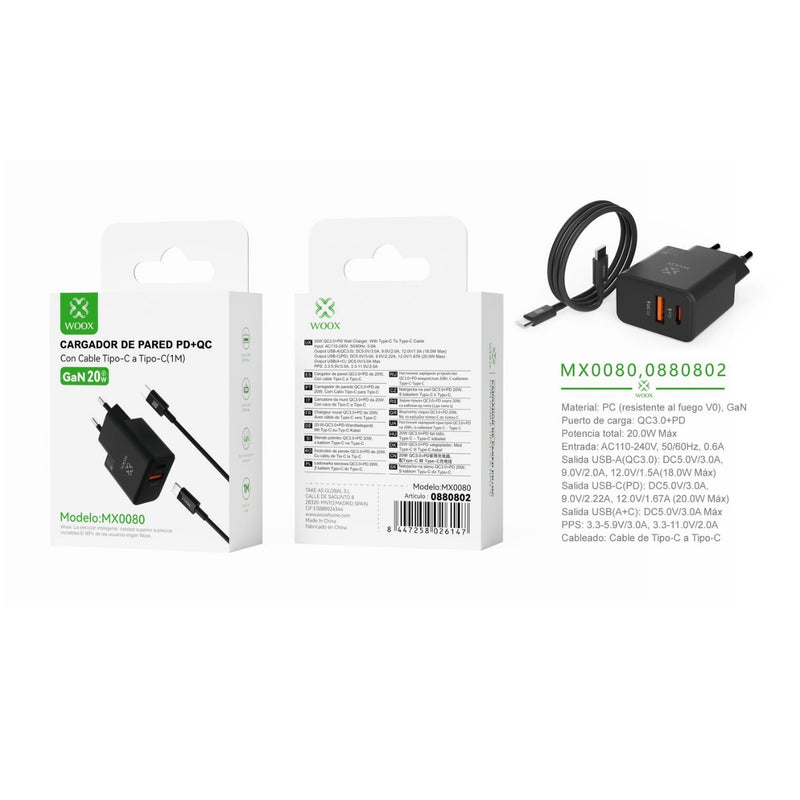 20 W UE QC+PD GaN wall charger with DC cable (black) - MX0080 NE