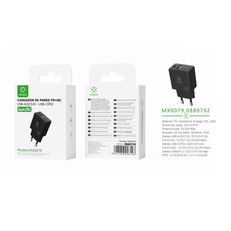 UE QC+PD GaN wall charger 20 W without cable (black) - MX0079 NE