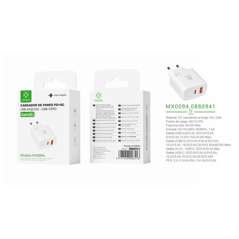 Cargador de pared UE QC+PD GaN 65 W sin cable blanco - MX0094 BL