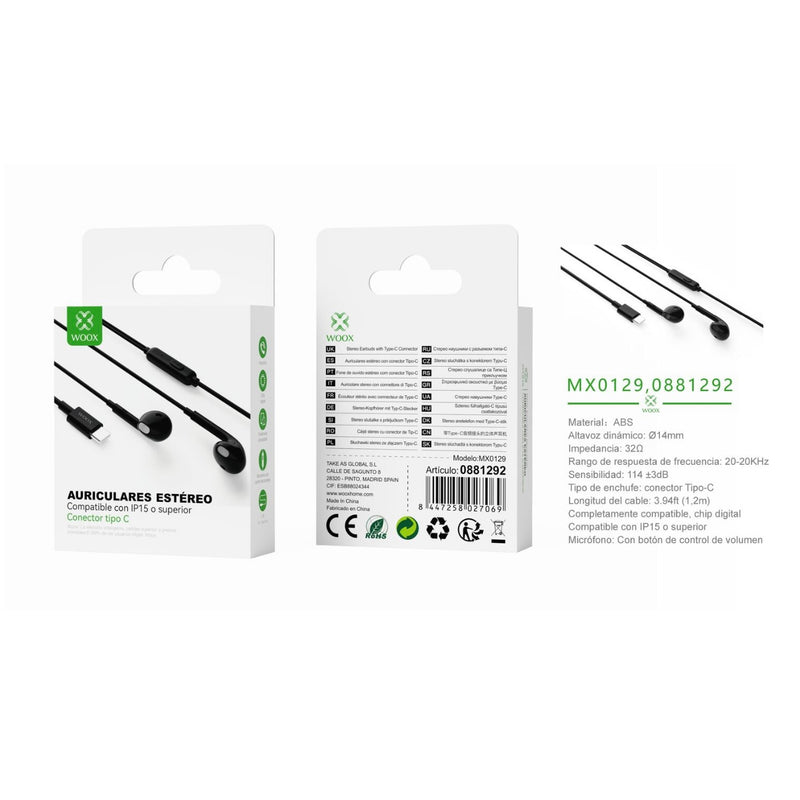 Auriculares tipo C totalmente compatibles con micrfono de 1,2 m (negro) - MX0129 NE