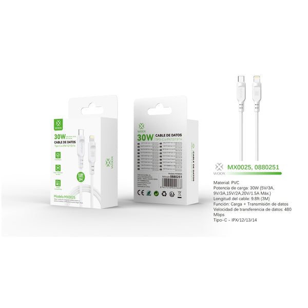 Cable de datos Tipo-C a Lightning 30W 3m -blanco - MX0025 BL