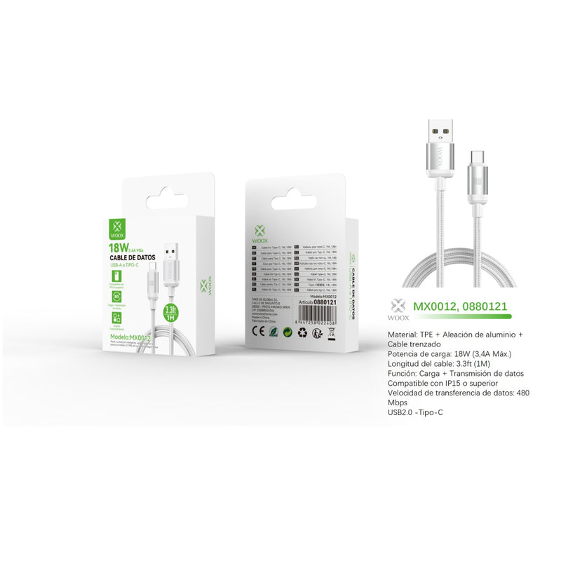 USB to Type C data cable 18 W 1 m white - MX0012 BL