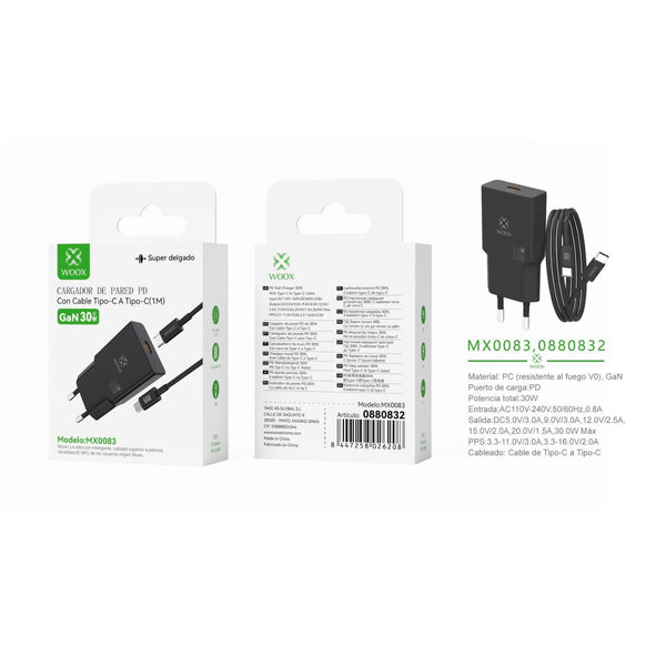 Cargador de pared GaN PD ¨2nico UE de 30 W con cable C-C (negro) - MX0083 NE