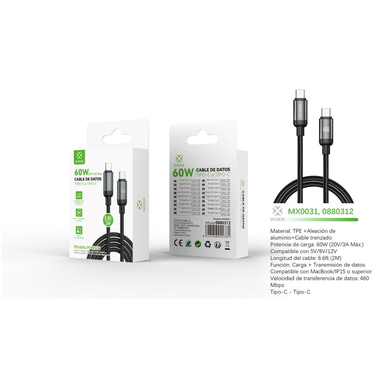 Cable de datos Tipo-C a Tipo-C 60W 2m - Negro - MX0031 NE
