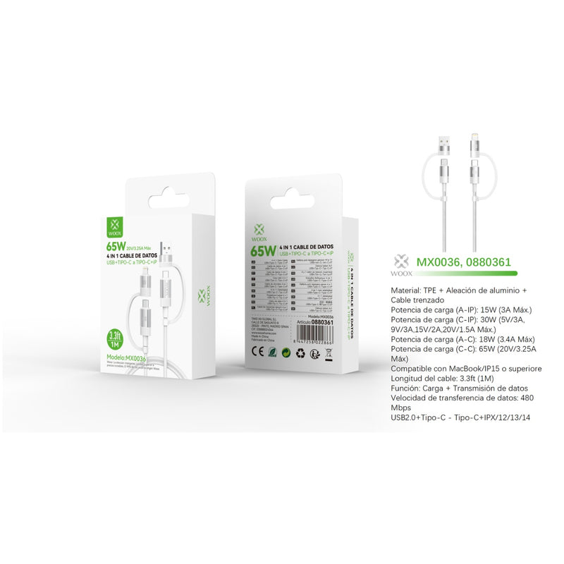 Cable de datos 4 en 1 USB+Tipo C a Tipo C+Lightning 65W 1 m - Blanco - MX0036 BL