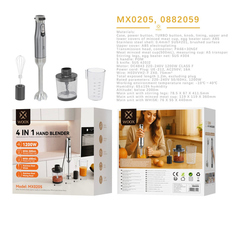 4 in 1 hand blender with 1200 W. Includes whisk, 500 ml chopper and 600 ml vessel. - MX0205