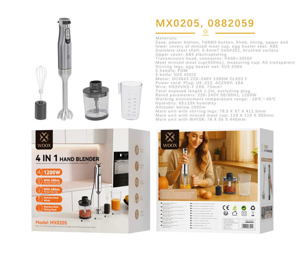 Batidora de mano 4 en 1 de 1200 W. Incluye batidor, picadora de 500 ml y vaso de 600 ml. - MX0205