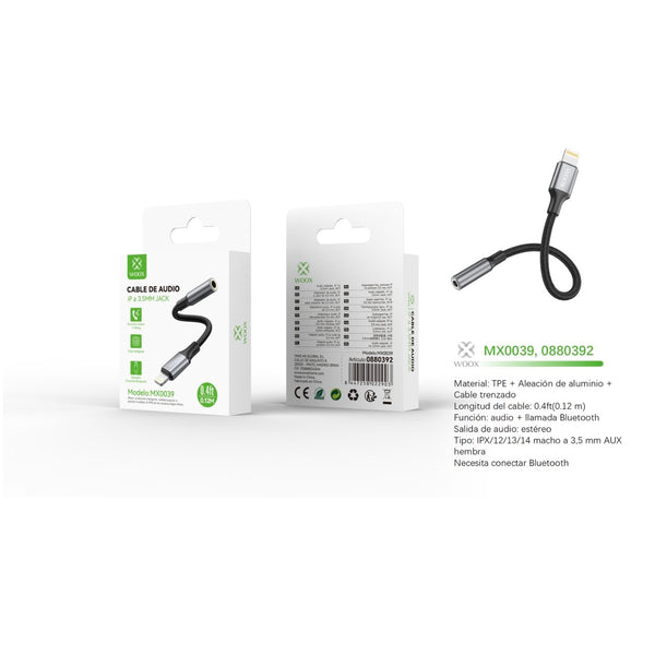 Cable de audio Bluetooth de 3,5 mm (auxiliar/hembra) a Lightning, 0,12 m, negro - MX0039 NE