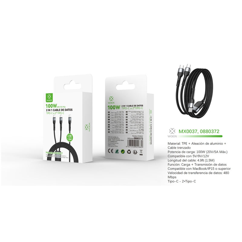 Cable de datos Tipo-C a Tipo-C 100W 1,5 m - MX0037 NE