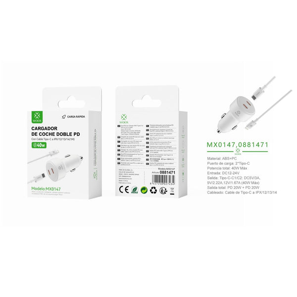 40 W PD+PD coach charger with C-Lightning cable (white) - MX0147 BL