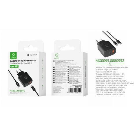65 W UE QC+PD GaN wall charger with DC cable (black) - MX0095 NE