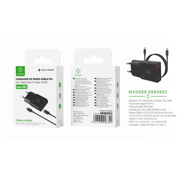 Cargador de pared GaN UE PD+PD de 30 W con cable C-C (negro) - MX0089 NE