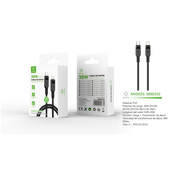 Cable de datos Tipo-C a Lightning 30W 3m - Negro - MX0025 NE