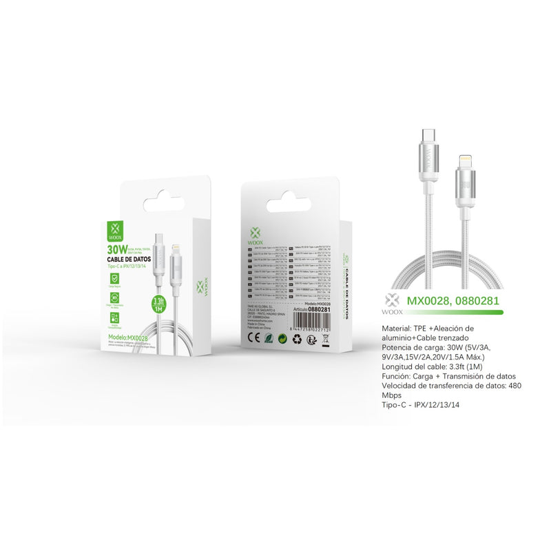 Cable de datos Tipo-C a Lightning 30W 1m - blanco - MX0028 BL