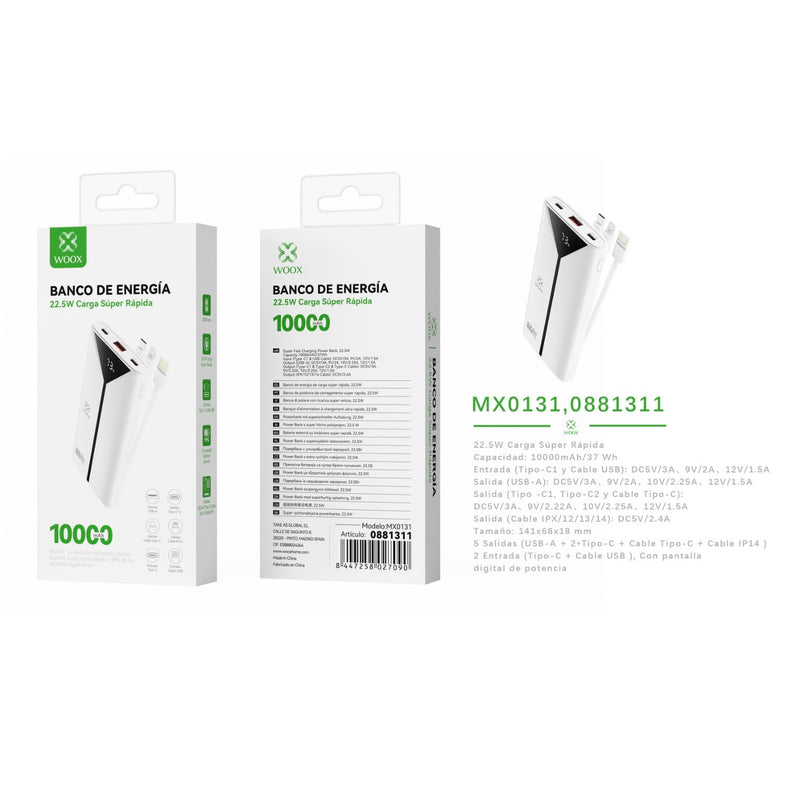 Power bank 10000 mAh 22.5 W with 3 cables ABS + PC-white - MX0131 BL