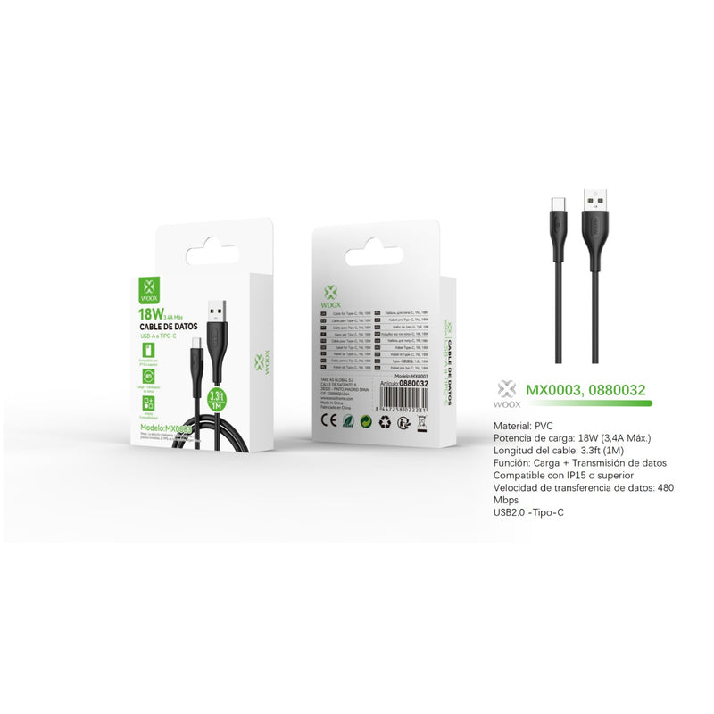 USB to Type-C data cable 18W 1m Black - MX0003 NE