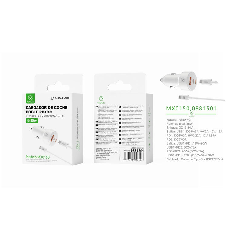 38W PD*2+QC coach charger with C-Lightning cable (white) - MX0150 BL