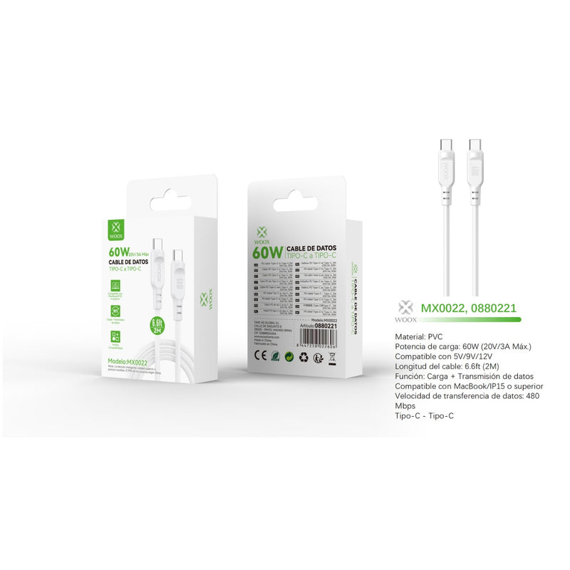 Cable de datos Tipo-C a Tipo-C 60W 2m - blanco - MX0022 BL