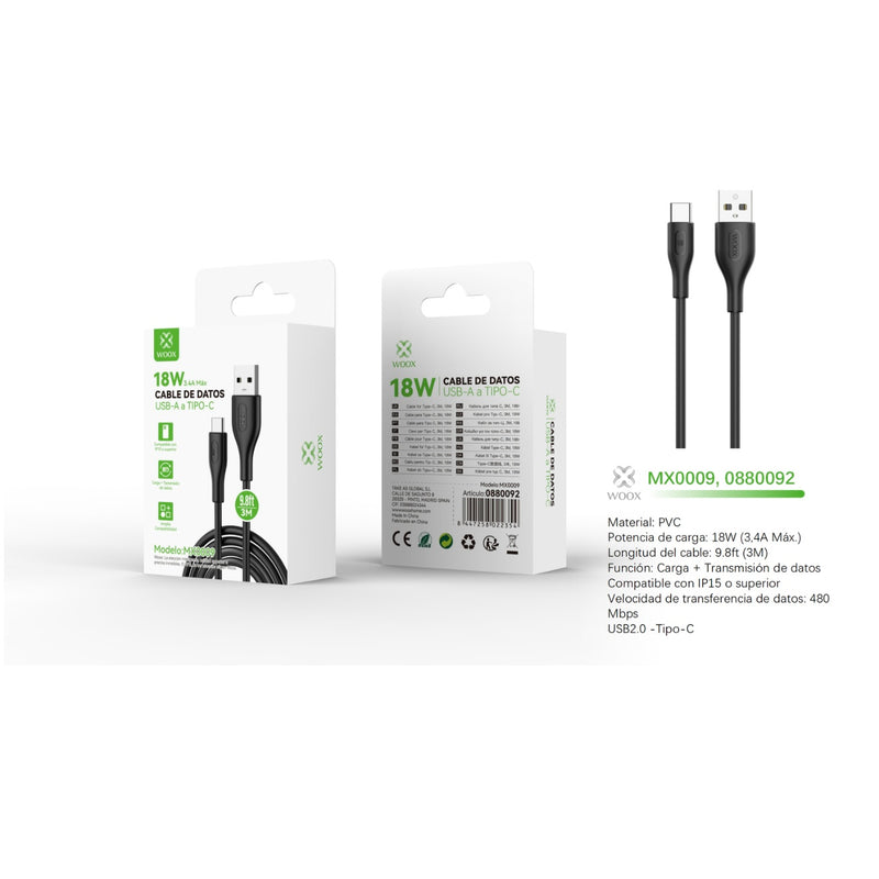 USB to Type-C data cable 18W 3m black - MX0009 NE