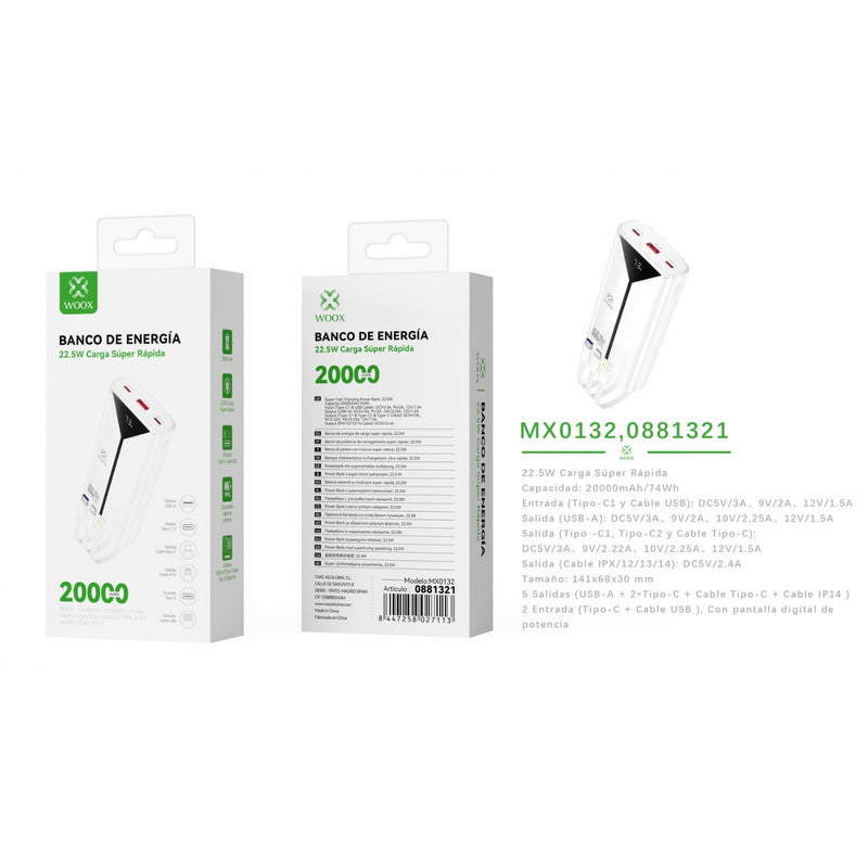 Power bank 20000 mAh 22.5 W with 3 cables ABS + PC-white - MX0132 BL