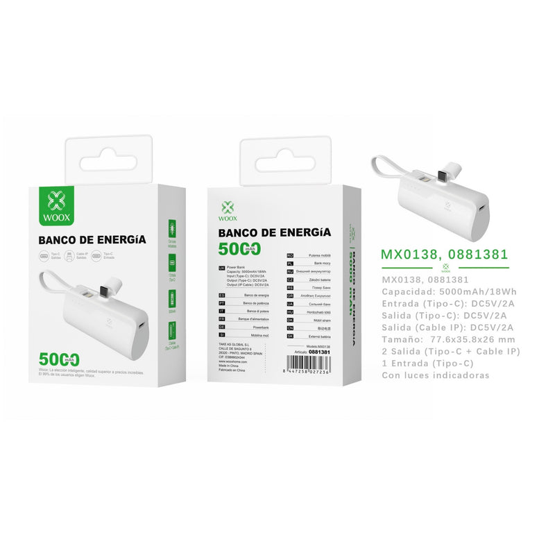 Power bank 5000 mAh 5 V 2 A with IP cable and type C adapter ABS + PC (white) - MX0138 BL