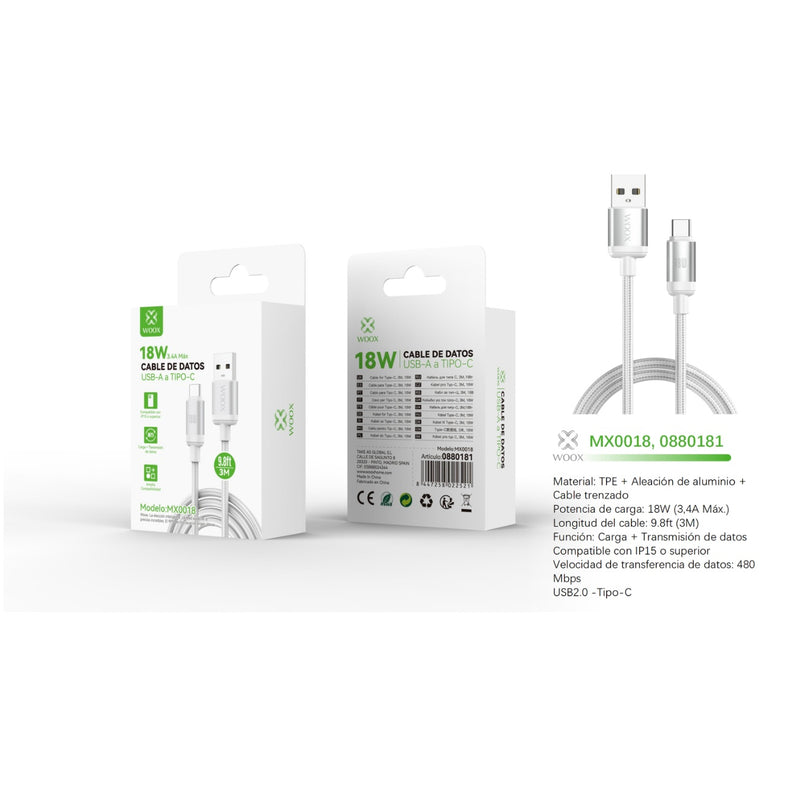 USB to Type C data cable 18 W 3 m white - MX0018 BL